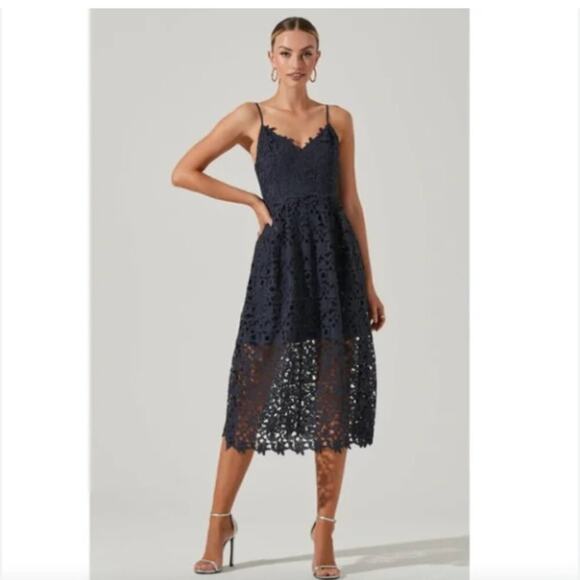 Astr The Label Lace A-Line Midi Dress Navy - Picture 1 of 12